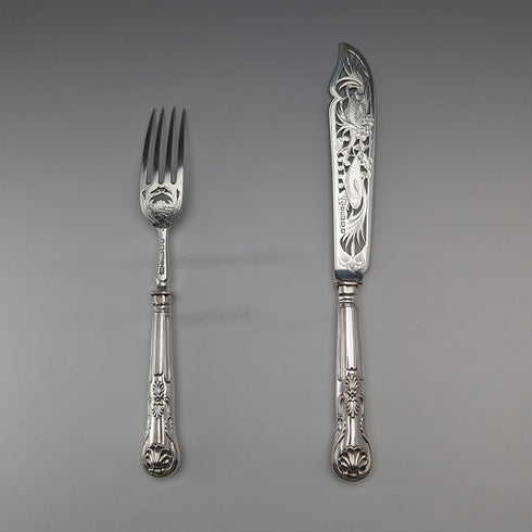 1836 British Antique Pure Silver Handle Fish Cutlery Pair Elkington
